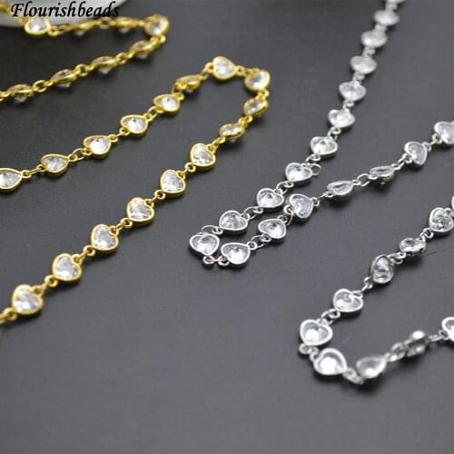 10 Meters 6mm Heart Shape Zircon Anti-rust Frame Wire Linked Necklace Chains (Gold color / Rhodium / Gun Metal color)