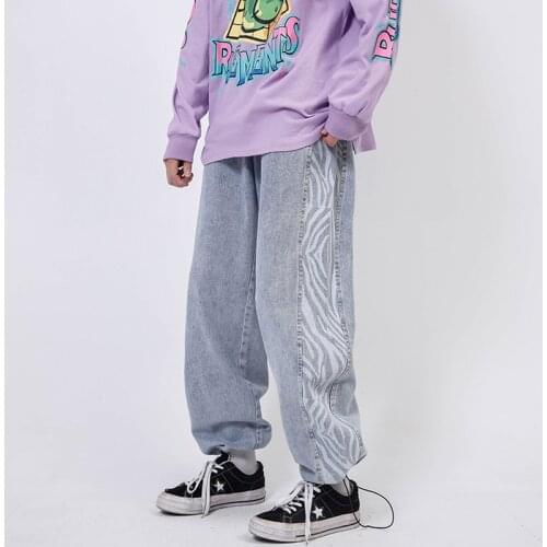 Harajuku Zebra Pattern Patchwork Jeans Fashion Mens Hip Hop Streetwear Drawstring Jogger Pants Wide Leg Straight Denim Trousers