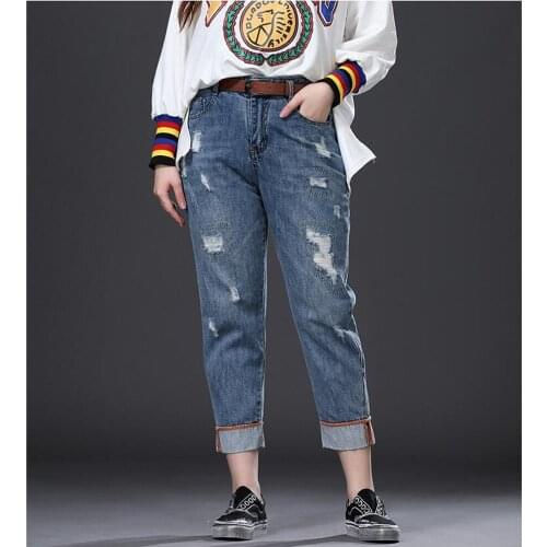 Spring Summer Plus Size Women Denim Jeans Pants High Waist Ripped Hole Fashion Casual Ankle Length Trousers 5XL 6XL For Woman