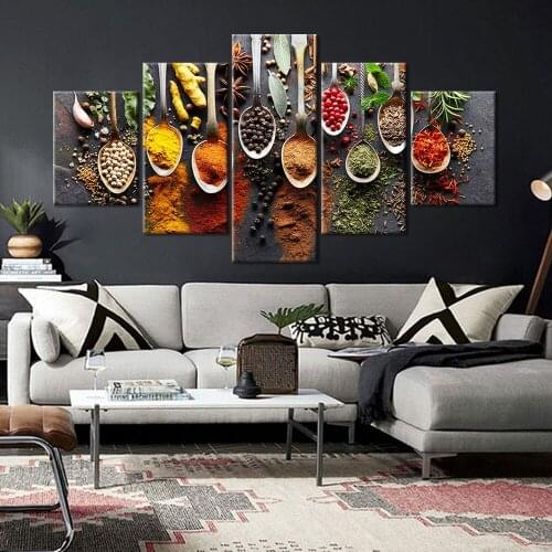 Food Painting Vegetables Seasoning Spice Poster Canvas 5 Pieces Picture Wall Art Prints for Kitchen Restaurant Dining Room