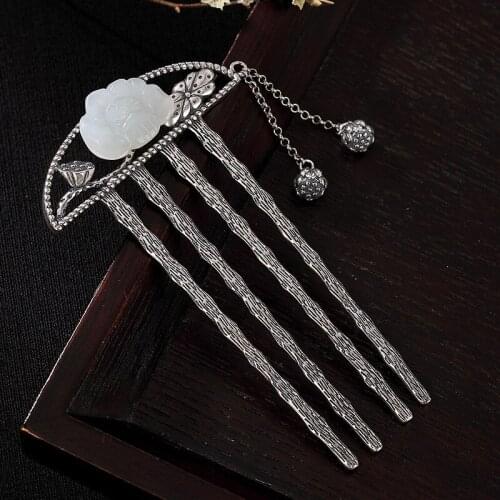 925 Sterling Silver Hair Comb Jade Hanfu Hair Accessory Fork Lotus Flower Tassel Butterfly Accessories Chinese Vintage Jewelry