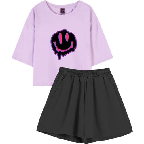 Harajuku Graffiti Shirt Cotton Oversized Cartoon Print Night Suits Women Crop Tops Drop Shoulder Pajama Sets Pastel Sleepwear