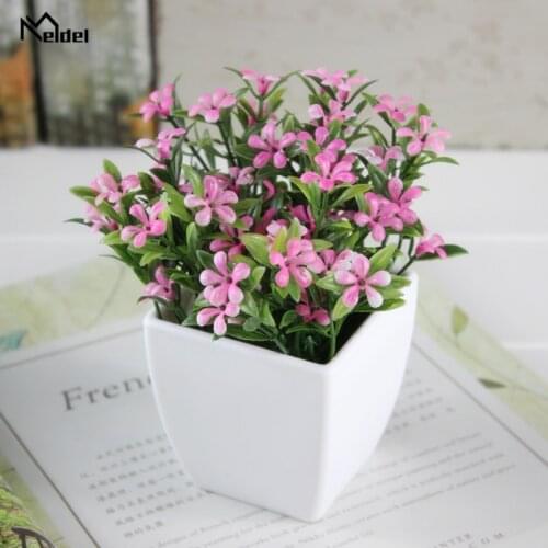 Meldel Pink Silk Flowers Small Potted Artificial Bonsai Simulation Plant Flowers with Pot for Home Table Flower Stand Decoration
