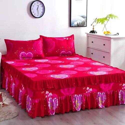 Red rose Floral bed Sheet Cover elegant Lace Bedspread Bedroom Decoration Fitted Sheet Mattress Cover Non-slip Bed Skirt