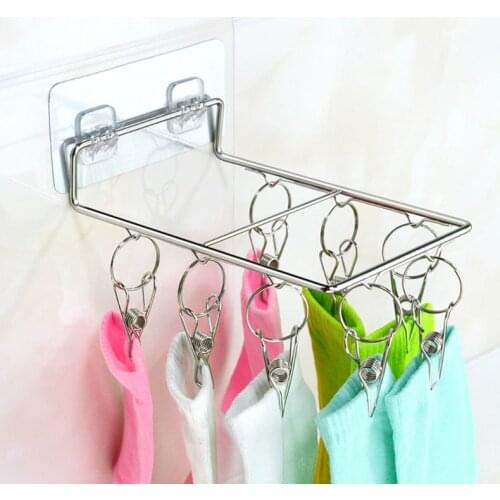 Wall Mount Stainless Steel Clothes Pin Hanger Storage Organizer Laundry Drying Rack with 8/10 Clips for Hat Sock Underwear Glove
