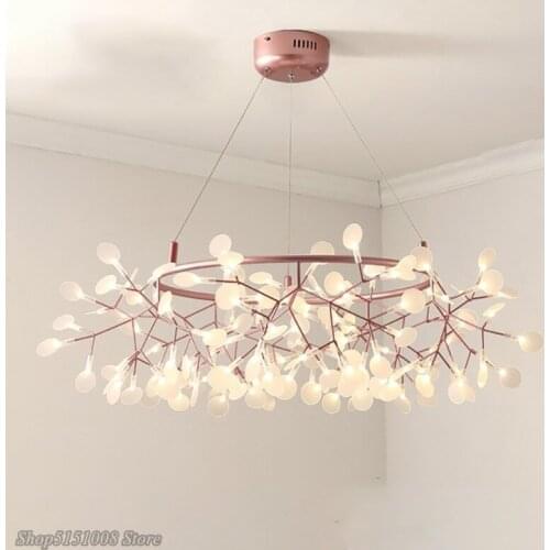 Nordic LED Firefly Chandeliers Acrylic Ring branch leaves Rose Gold Pendant Hanging Lamps Bedroom Living Room Lustre Lighting