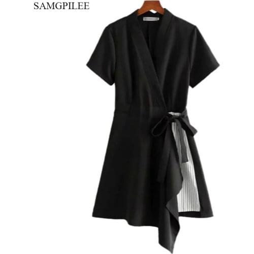 Sexy V Neck Women Wrap Dress Casual Solid Belt Female Summer Dress Elegant Ladies Polyester Spring Asymmetrical Work Midi Dress