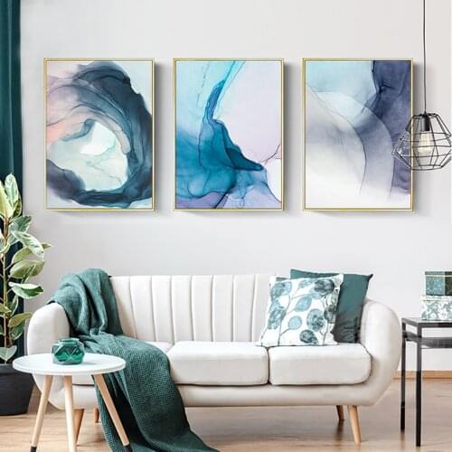 Modern Watercolor Blue Ink Bloom Abstract Canvas Painting Nordic Posters and Prints Wall Art Pictures for Living room Home Deco