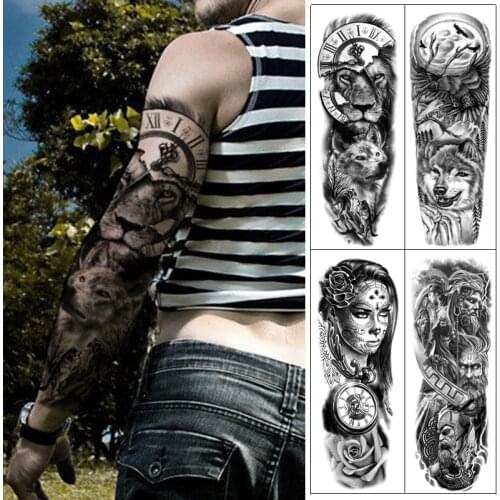 Full Arm Temporary Tattoo Sleeve Tattoos Fake Body Art Lion Wolf Rose Pumpkin Skull Halloween Chest Shoulder Tattoo Stickers