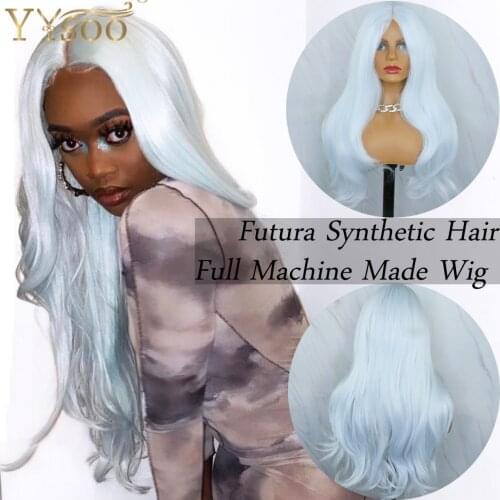 YYsoo Long Blue Futura Synthetic Hair Wigs For Women Light Blue Full Machine Made Wavy Wig Daily Used No Lace Wig