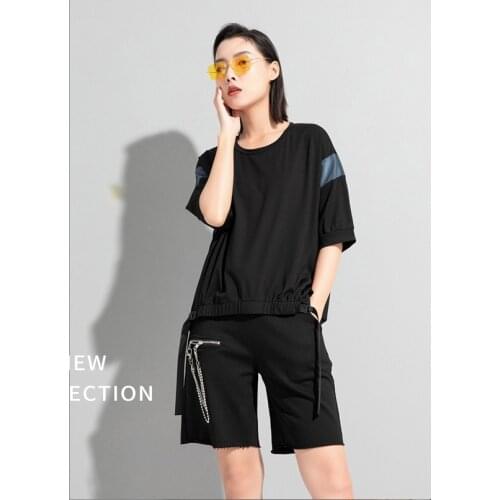 2021 summer new color contrast splicing bat sleeve personalized T-shirt street fashion brand ribbon loose casual top female