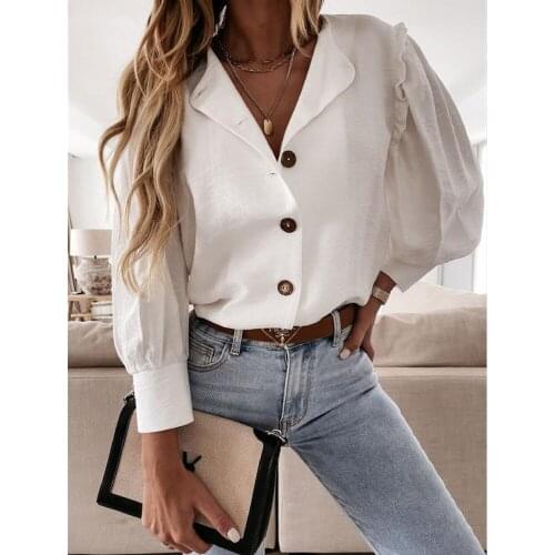 Womens Shirt And Blouse Solid Single-Breasted V Neck Lantern Sleeve Woman Shirts Women Blouses Chemise Femme Blusas Y Camisas
