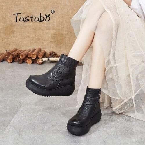 Tastabo Genuine Leather Womens nude boots Leisure style Abrasion-resistant Comfortable Womens boots S88601 zipper Black Yellow