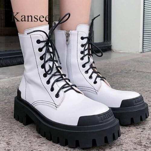 Kanseet Women Shoes 2020 New Fashion Winter Round Toe Handsome Motorcycle Boot White Genuine Leather Black Lace Up Ankle Boots