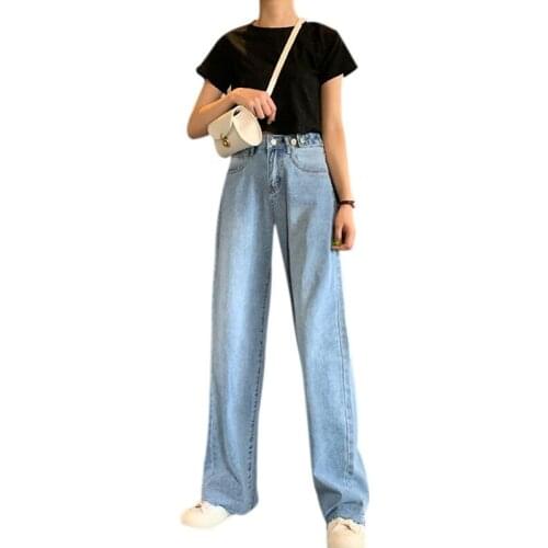 Womens High Waist Drop Jeans Wide Leg Loose Straight Pants Wild Pants Light Blue