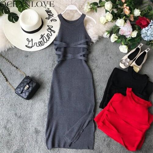 OCEANLOVE Vestidos Solid Knitting Stretch Bodycon Dress 2020 Halter Sleeveless Summer Dresses Korean High Waist Robe Femme 11839