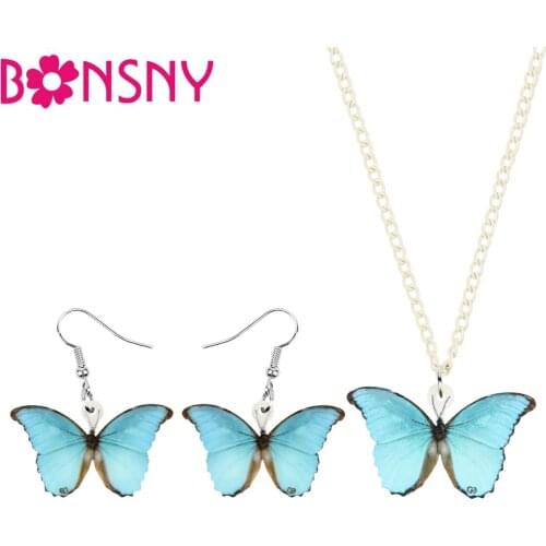 Bonsny Acrylic Cute Blue Morpho Butterfly Jewelry Sets Animal Insect Necklace Earrings For Women Girls Fashion Gift Decoration