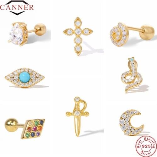 CANNER 2 Pcs 925 Sterling Silver Small Cross Snake Stud Earrings For Women Zircon Pierced Earring Earings Jewelry Pendientes