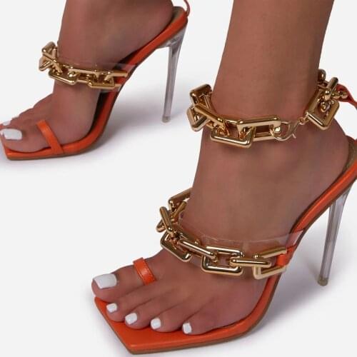 Women Sandals Heels Narrow Band Sexy High Heels Ladies Luxury Metal Chain Shoes Fashion Square Toe Sandals White Stripper Heels