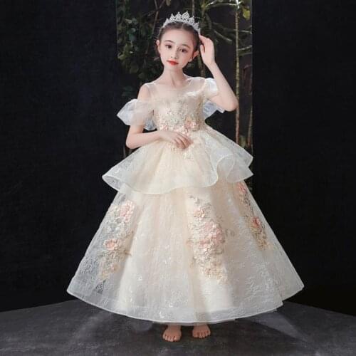 Champagne Tulle Kids Elegant Wedding Flower Girl Dress Long Gown Princess Party Pageant Formal Vestido L984