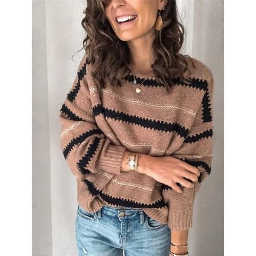 Goocheer New Winter Women Autumn O Neck Long Sleeve Casual Striped Sweater Loose Knit Pullover Slim Knitted Jumper Elegant Tops