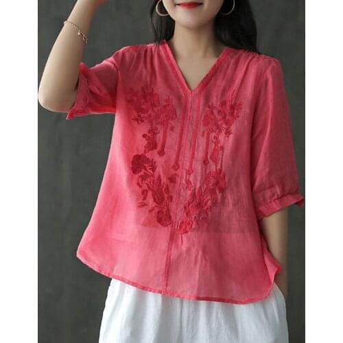 Johnature Summer Fashion Retro Embroidery V-neck Half Sleeve All-match 6 Color Shirt 2021 New Loose Comfortable Women Tops Shirt