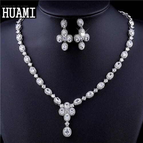 HUAMI Fine Jewelry Set Earrings&Necklace for Women Flower Shape Long Chain Bride Jewelry Engagement High Quality Bijoux Femme