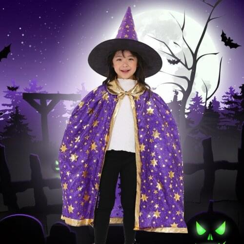 Halloween Costume Satin Cape with Hat for Kids Boys Wizard and Girls Witch Cosplay Child Dress Up Ghost Clothes 2021 Party