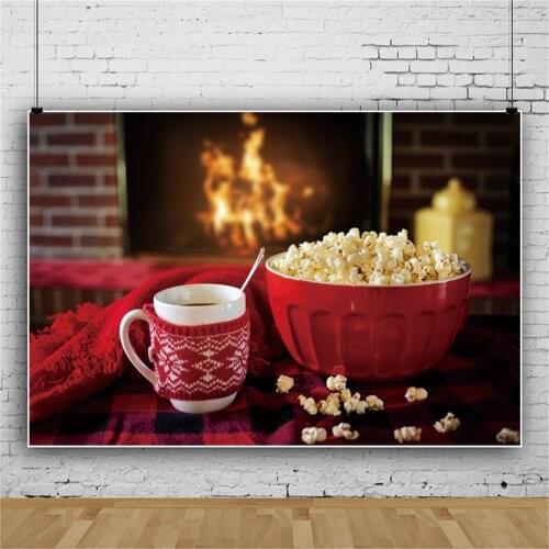 Laeacco Winter Rural Fireplace Brick Popcorns Coffee Cozy Life Merry Christmas Interior Photo Background Photo Bakdrop Photocall