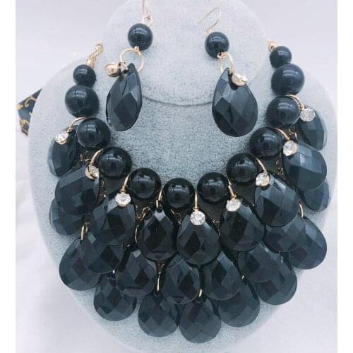 Fashion Female Earrings Necklace Jewelry Two Piece Set Red Black Blue Pink Acrylic Rhinestone Earrings Necklace For Women Gift