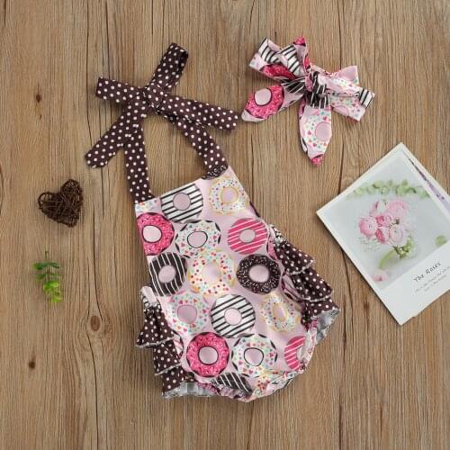 Fashionable Baby Girls Outfit Infant Summer Creative Donuts Printing Dot Splicing Sleeveless Hanging Neck Romper + Bow Headwear