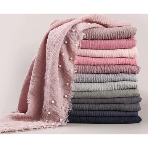 Womens Plain Hijab Scarf Female Bubble Cotton Nailed Pearl Headscarf Wrap Fringe Crumple Muslim Scarves/Scarf Oversize shawls