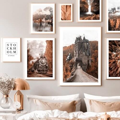 Castle Train Town Pine Mountain Leaf Wall Art Canvas Painting Nordic Posters And Prints Wall Pictures For Living Room Fall Decor