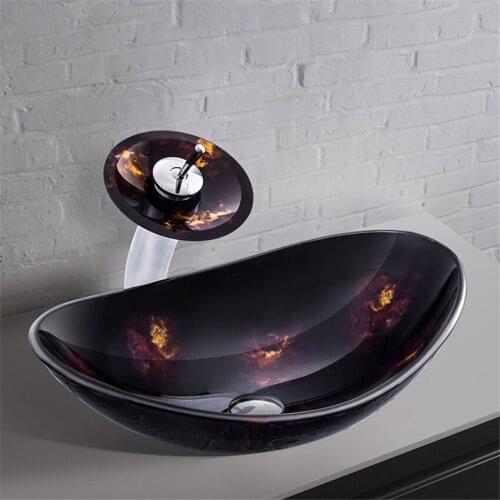 2021 New Black Hand Painting Artistic Glass Basin Washbasin Counter Tempered Glass Sink Brass Faucet Set