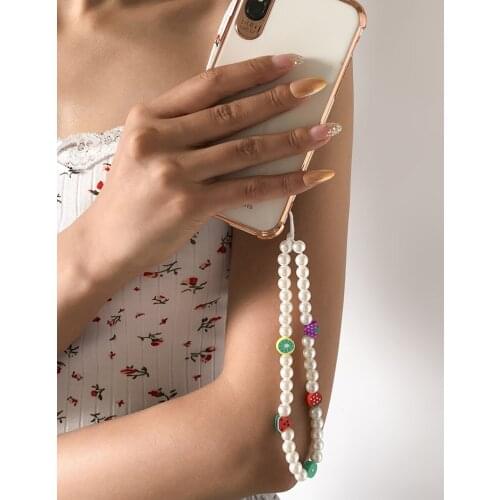 2021 New Ins Trendy Colorful Fruit Beads Chain Mobile Phone Chain Anti-lost Handmade Charm Acrylic Cord Lanyard for Women Girls