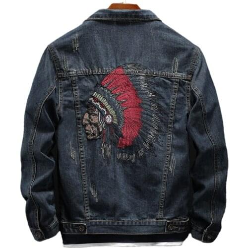 Autumn Fashion Streetwear Men Jacket Retro Blue Indian Chief Embroidery Denim Jackets Male Plus Size M-6XL Hip Hop Punk Coats