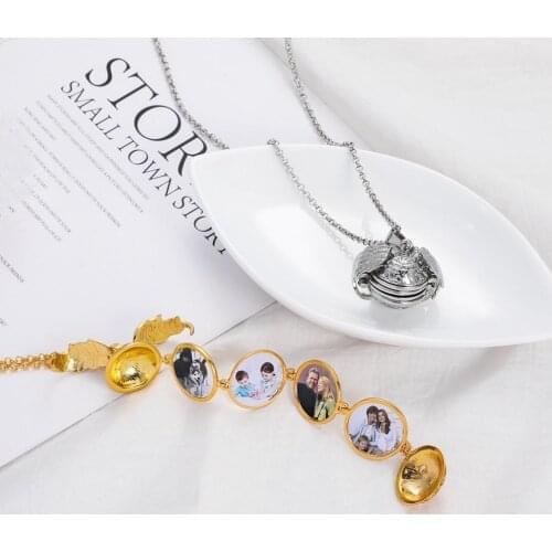 Gift Geometric Round Phase Box Love Pendant Necklace can Open Fold Multilayer Phase Box hollow Angel Wings Necklace Jewelry