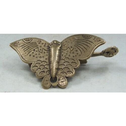 Rare Chinese Old Style Brass Carved Butterfly Lock And Key