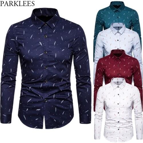 Feather Printed Men Dress Shirts Casual Slim Fit Men Long Sleeve Business Work Mens Shirt Daily Social Streetwear Male Chemise