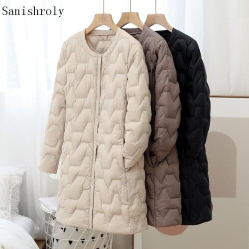 Sanishroly Winter Women Ultra Light White Duck Down Jacket Ladies O Neck Single Breasted Midi Long Diamond Lattice Coat Parkas