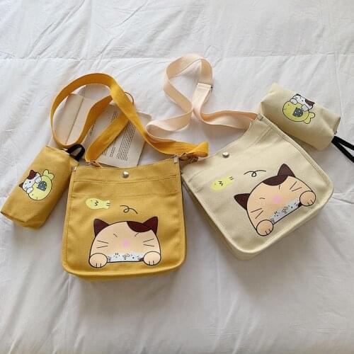 2pcs/set Cartoon Cat Printed Shoulder Messenger Handbags Clutch Women Casual Canvas Big Capacity Crossbody Totes Pen Bags