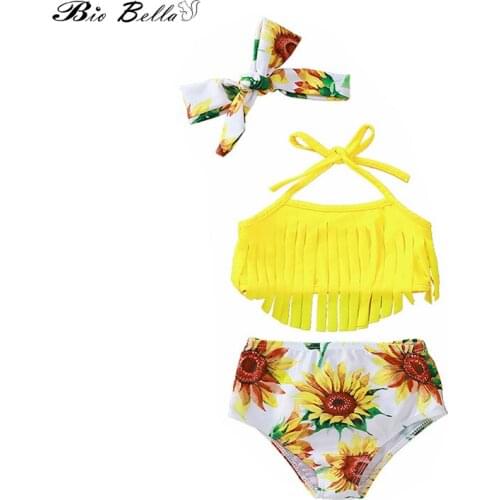 Trend Girl Swimsuit Three-piece Set Strap Bikini Long Tassel Decor Tops Sunflower Printed Shorts With Headband Summer Swimwear
