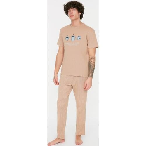 Trendyol Coffee Printed Knitted Pajamas Set THMAW21PT0833