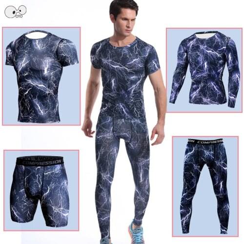 Military Camouflage 4 Pcs/Set Mens Sports Suit Gym Fitness Compression Tracksuits Quick Dry Workout Exercise Tights Running Set