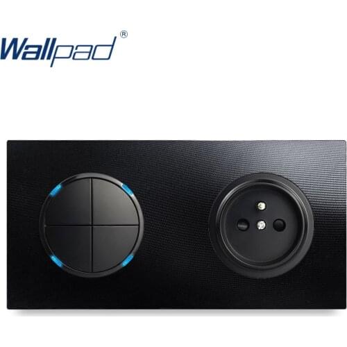 Wallpad 4 Gang 2 Way Switch With EU French Socket Wall Light Switch With LED Indicator Aluminum Metal Panel