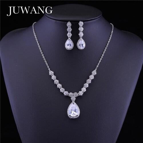 JUWANG Sliver Color Bride Jewelry Sets For Wedding Water Drop Pendant Cubic Zirconia Fashion Necklace And Earring For Women