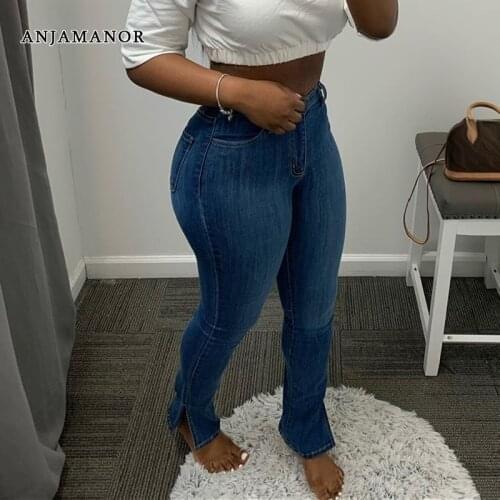 ANJAMANOR Sexy Side Split Skinny Jeans for Women Fall 2020 Black Blue High Waisted Super Stretchy Denim Pencil Pants D22-CI50