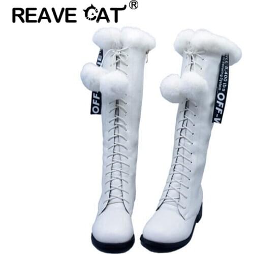 REAVE CAT 2021 Princess Ladies Knee High Boots Fur Ball Lolita Zip Lace Up Short Plush Round Toe Square Heel US13 White A4503