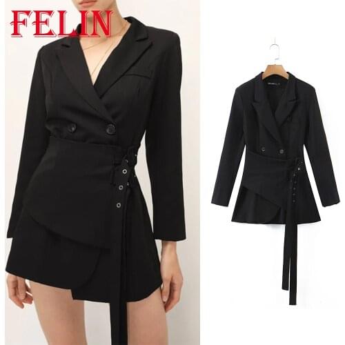 Za 2021 Chic Black Office Lady Mini Blazer Dress Long Sleeve V Neck Double Button Sashes Dress Fashion Autumn Elegant Vestidos