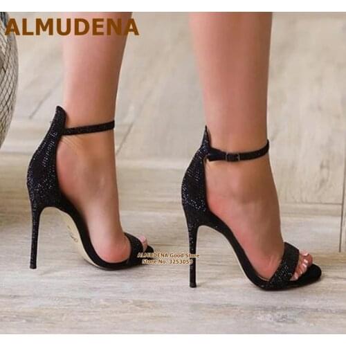 ALMUDENA Bling Bling Black Crystal High Heel Sandals Stiletto Heels Single Strap Wedding Shoes Concise Rhinestone Banquet Shoes